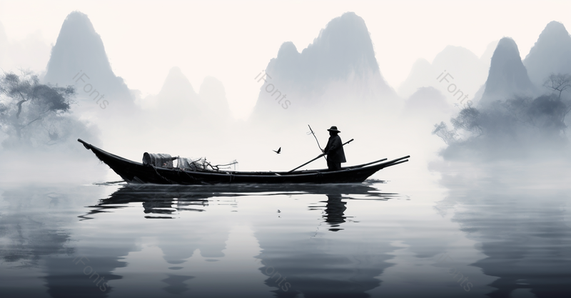 中国风质感山水平静的湖泊和船上撑船的人影黑白水墨风格画艺术背景插画,插画/手绘图,插画/手绘图库,插画/手绘图下载,插画/手绘